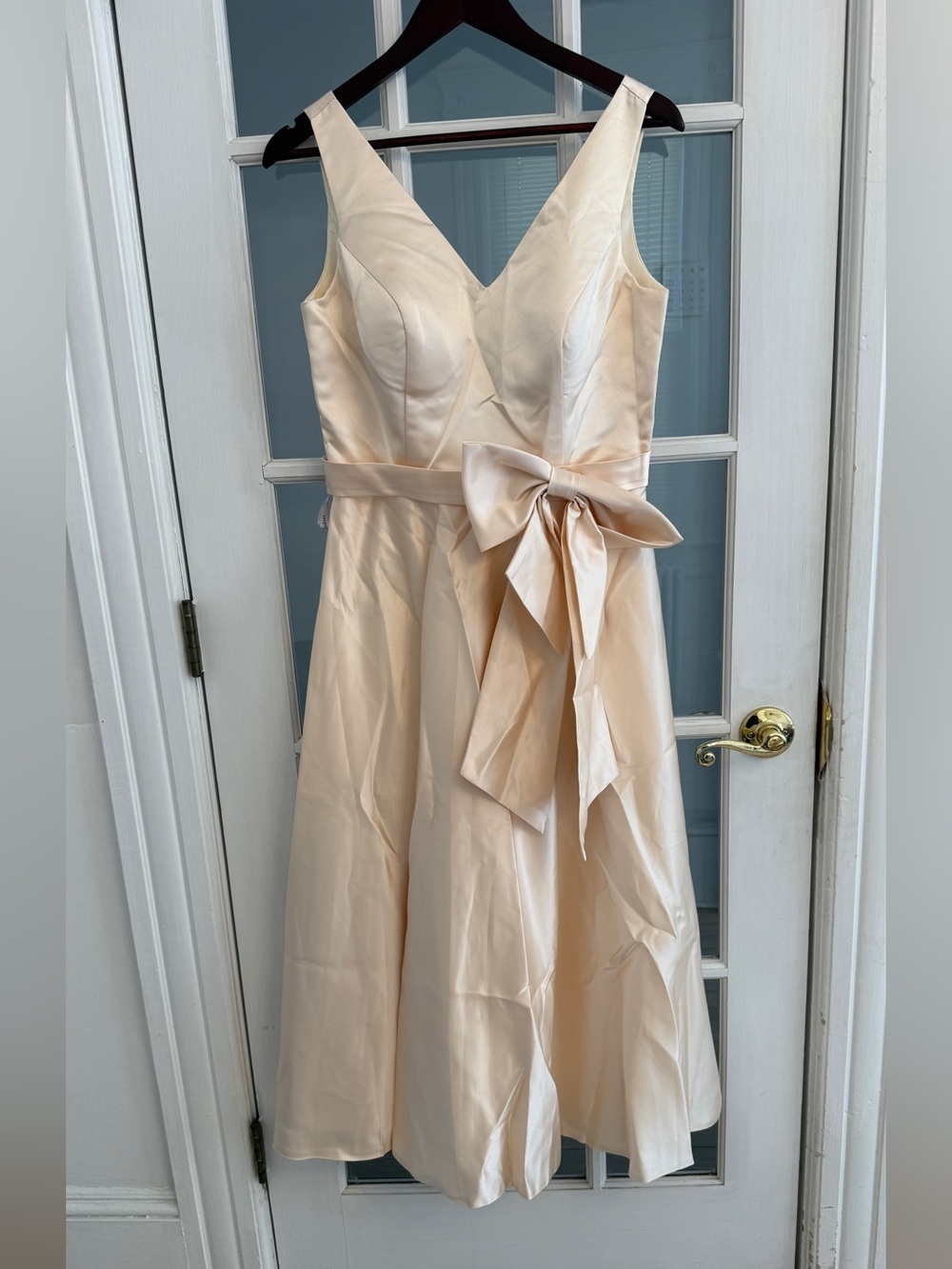 MISS VEIL Women's Ivory Satin Sleeveless V-Neck Bow Waist Midi Formal Dress NEW